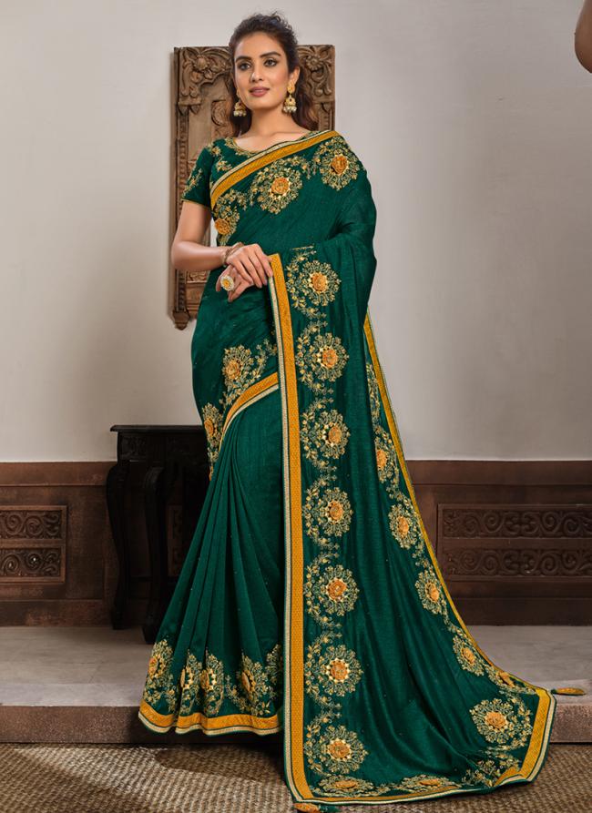 Silk Georgette Deep Green Party Wear Applique Work Saree